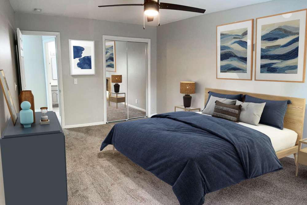 Bedroom with wood flooring at Belmont Place Apartments in Nashville, Tennessee