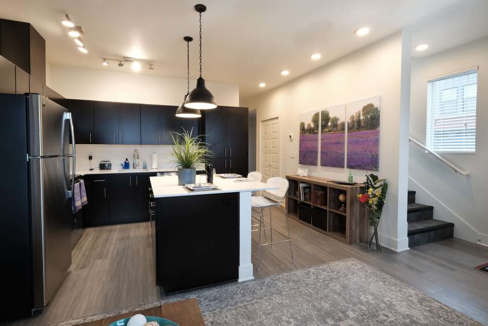 Kitchen with stainless-steel appliances at 27 Elm in Redmond, Oregon