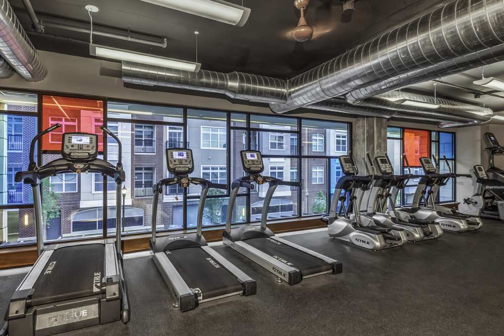 Fitness center with multiple treadmills and large windows at Greenside in Charlotte, North Carolina