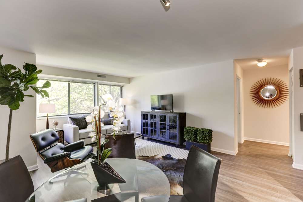 model living room with ample furnishings at The Landings II in Fort Belvoir, Virginia