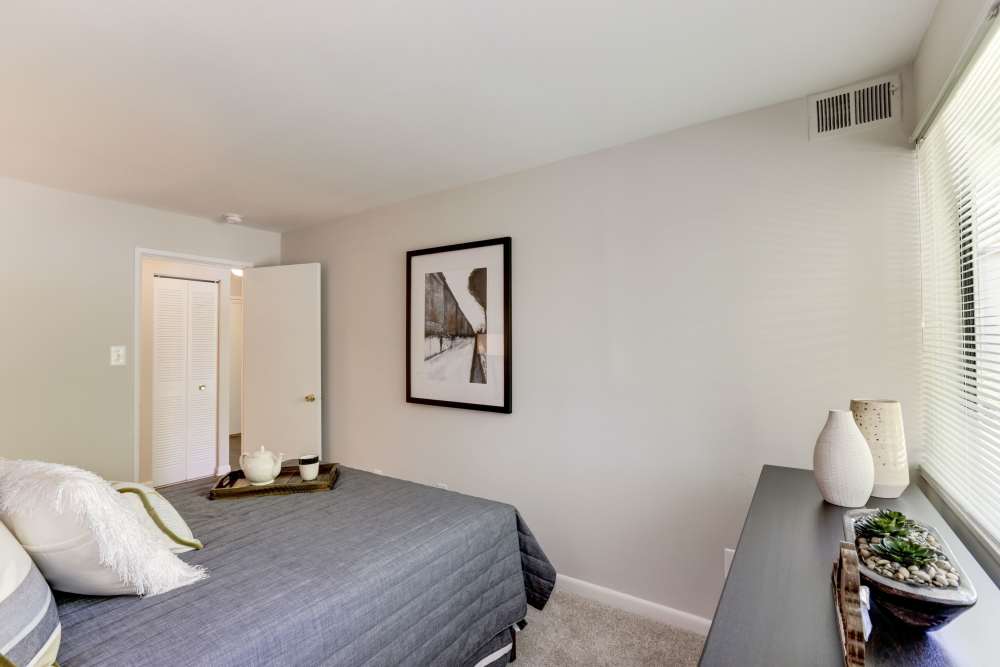 furnished model bedroom at The Landings II in Fort Belvoir, Virginia