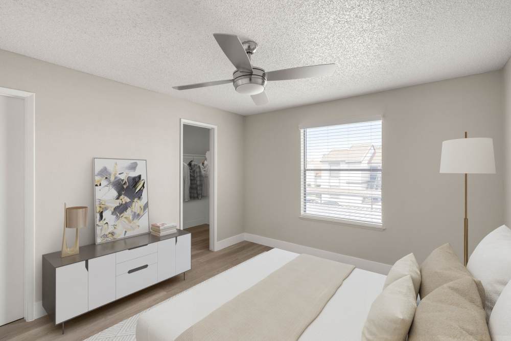 Bedroom with ceiling fan at Cielo on Gilbert in Mesa, Arizona