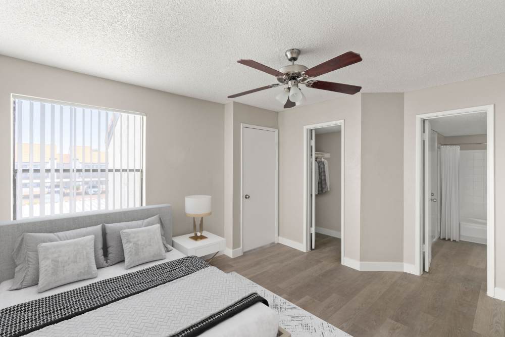 Bedroom with ceiling fan and large window at Cielo on Gilbert in Mesa, Arizona