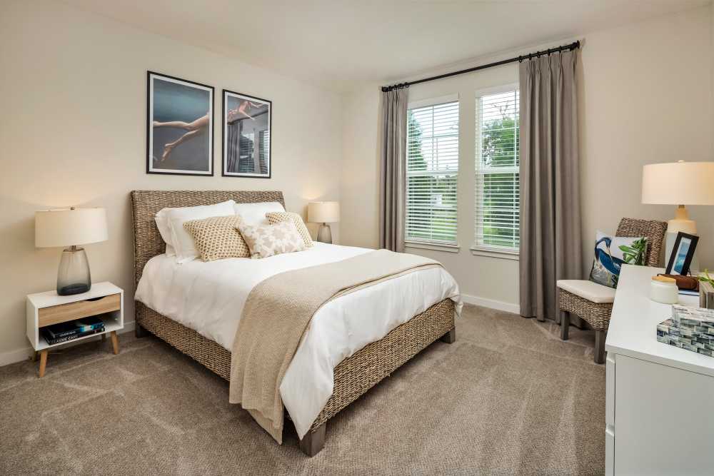 Spacious bedroom with large comfortable bed and large windows at Shadetree Apartments in Ruskin, Florida