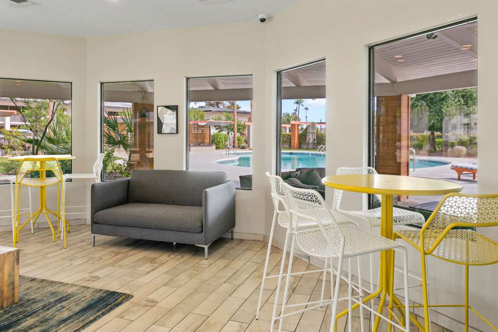 Clubhouse with view to swimming pool at Sentry Tempe in Tempe, Arizona