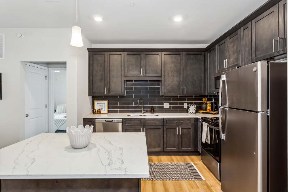Pensacola, FL Pet-Friendly Apartments - City North - Kitchen with Stainless-Steel Appliances, Cabinets, and Granite-Style Countertops