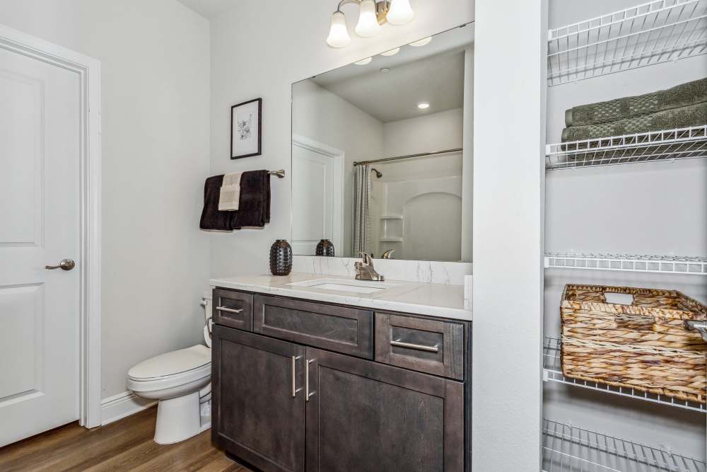 Pensacola, FL Pet-Friendly Apartments - City North -  Bathroom with large mirrors and beautiful lighting.