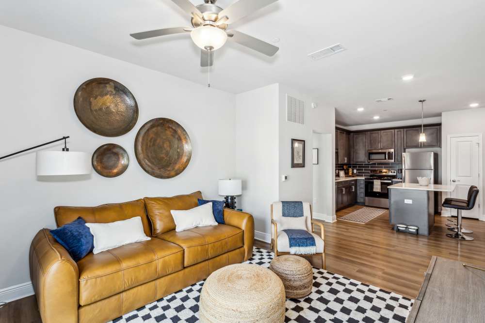 Pet-Friendly Apartments in Pensacola, FL - City North- Living Room with Ceiling Fan, Wood-Style Floors, and kitchen