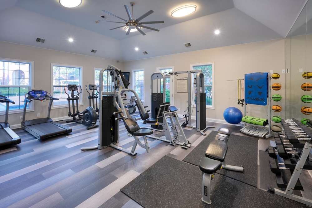 Clean, modern community gym at Skyecrest Apartments in Lakewood, Colorado