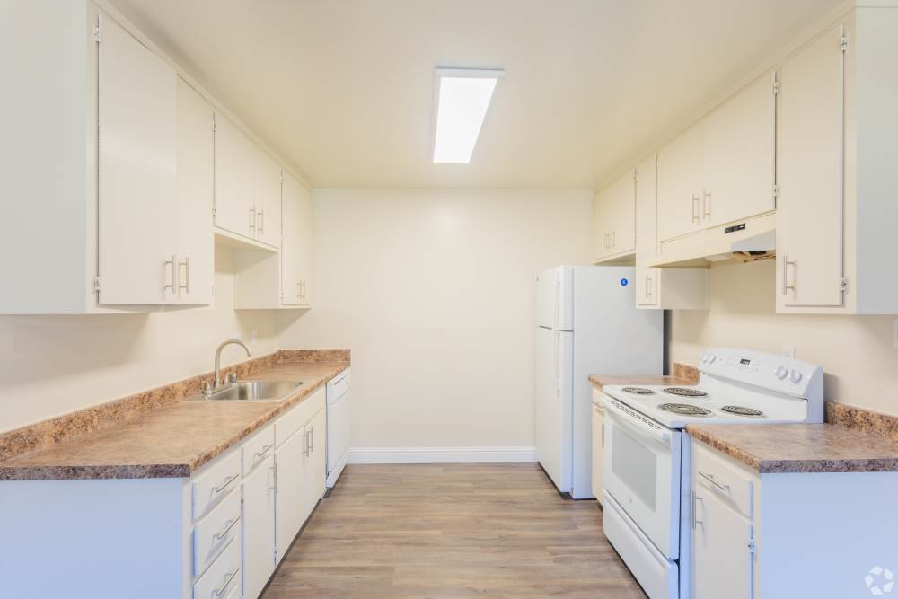 San Leandro, CA Pet-Friendly Apartments - Marina Plaza Apartments - Kitchen with Stainless-Steel Appliances, Cabinets, and Granite-Style Countertops