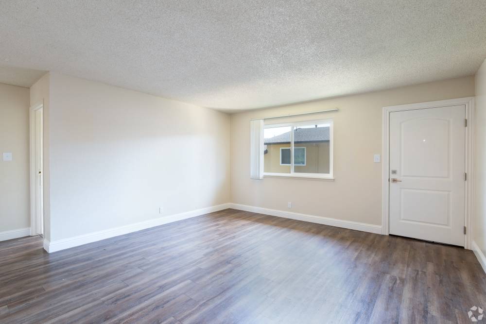 Pet-Friendly Apartments in San Leandro, CA - Marina Plaza Apartments- Living Room with Ceiling Fan, Wood-Style Floors, and Fireplace