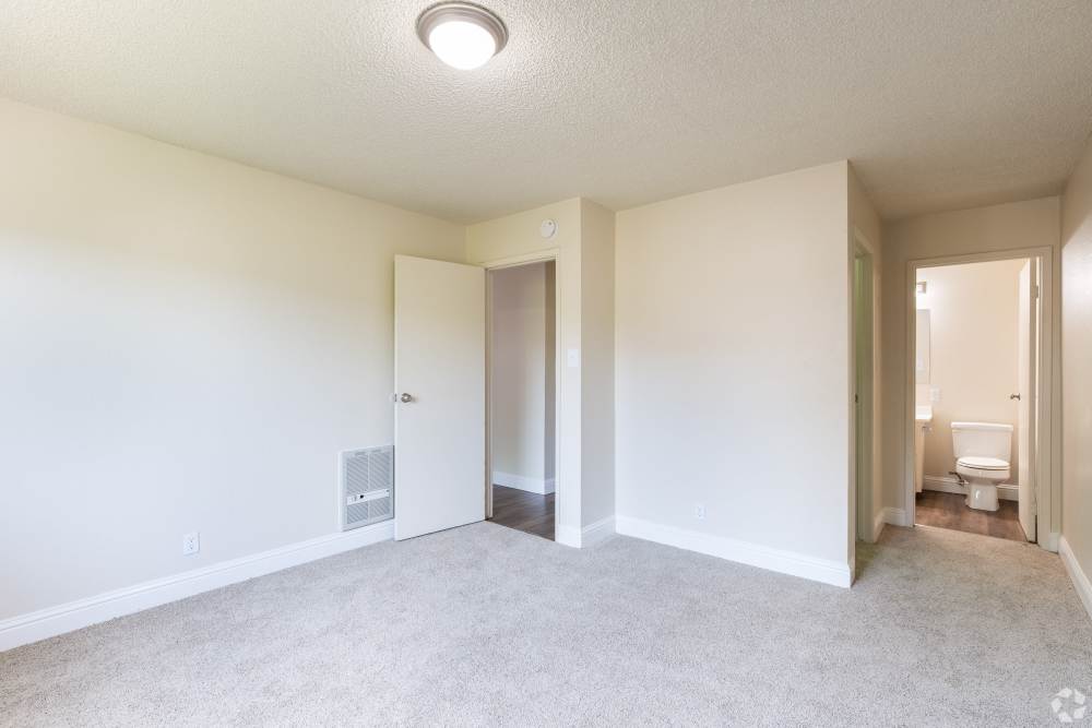Pet-Friendly Apartments in San Leandro, CA - Marina Plaza Apartments- Living Room with Carpeted Floors, and Closet