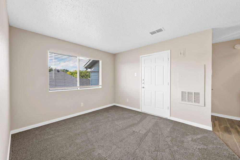 Spacious, carpeted living room at Village Square in Irving. TX