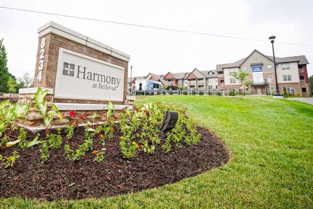 Apartment sign board at Harmony at Bellevue in Nashville, Tennessee