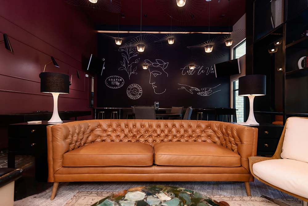 Elegant Living Room with brown Sofa at Auro Crossing in Austin, Texas