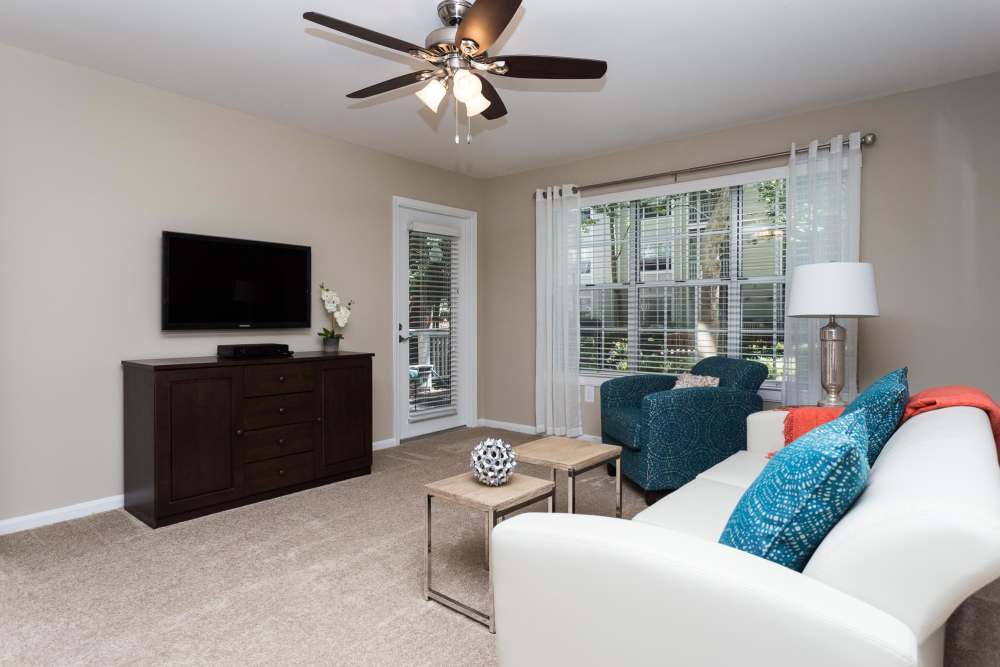 Spacious living room with comfortable couch, large TV, ceiling fan and large windows at Beacon Place at Kentlands in Gaithersburg, Maryland