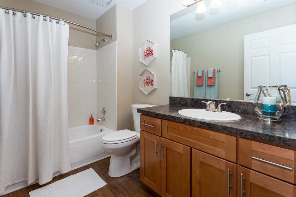 Bathroom with a large mirror, toilet and a tub at Beacon Place at Kentlands in Gaithersburg, Maryland