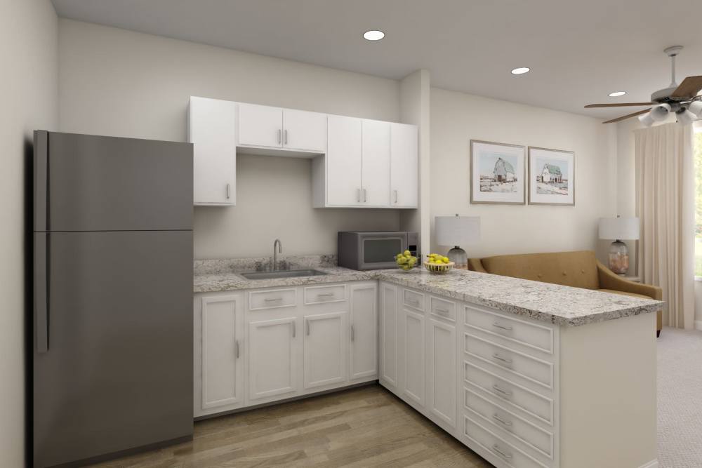 A kitchen with granite countertop at Harmony at Tucker Station in Louisville, Kentucky