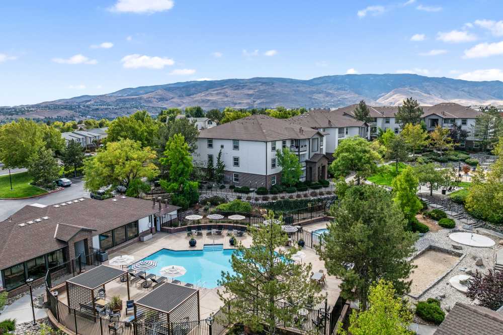 Aerial view of the community with a pool at The Peak at Sky Mountain in Reno, Nevada