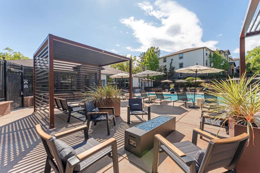 Outdoor seating with a fire table at The Peak at Sky Mountain in Reno, Nevada
