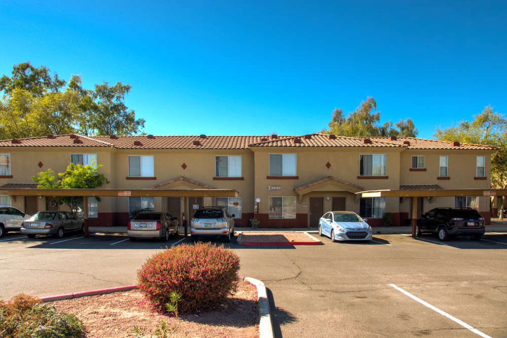 Exterior of the apartment building at Steeple Chase Apartments in Peoria, Arizona