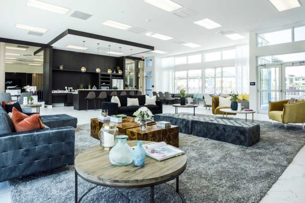 Resident lounge with bar and seating at Sophia Square in Homestead, Florida