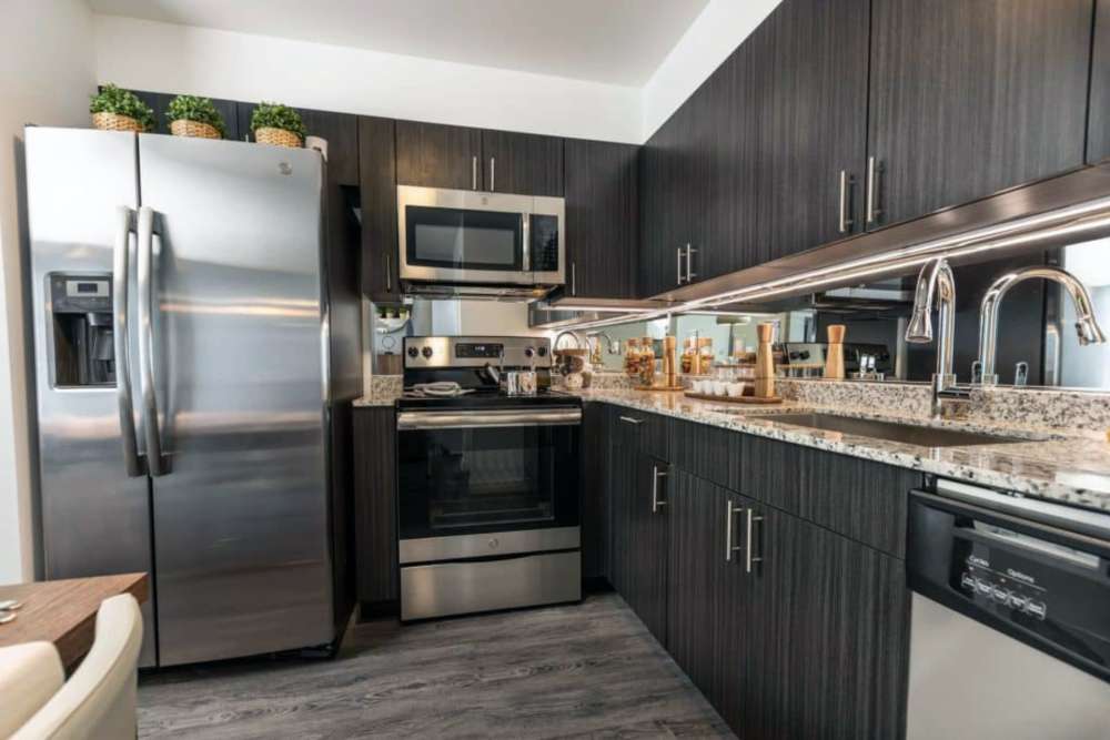 Kitchen with dark cabinets and stainless-steel appliances at Sophia Square in Homestead, Florida