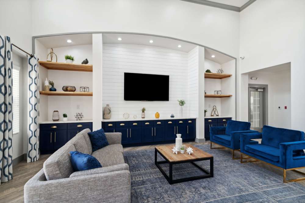 Resident lounge with television and 2 comfy couches at Retreat at RTP in Durham, North Carolina