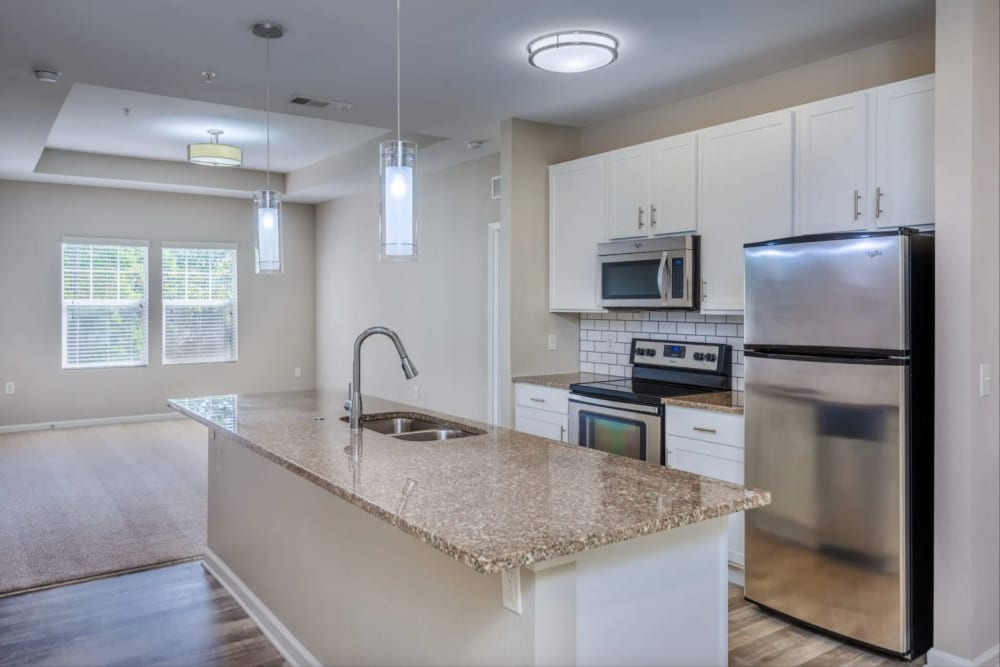 Spacious kitchen with stainless-steel appliances and white cabinets at Retreat at RTP in Durham, North Carolina