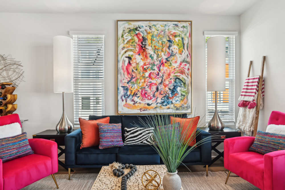 Living room with cozy sofa set  at Crossings At NoDa in Charlotte, North Carolina