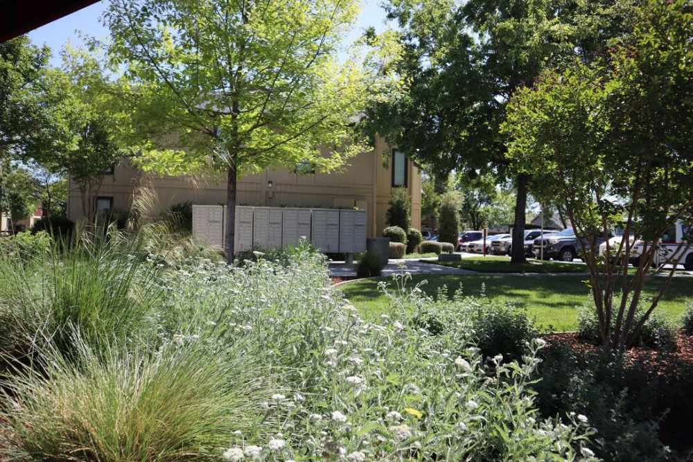 A view of community mailboxes from the courtyard at The Fairmont in Woodland, California
