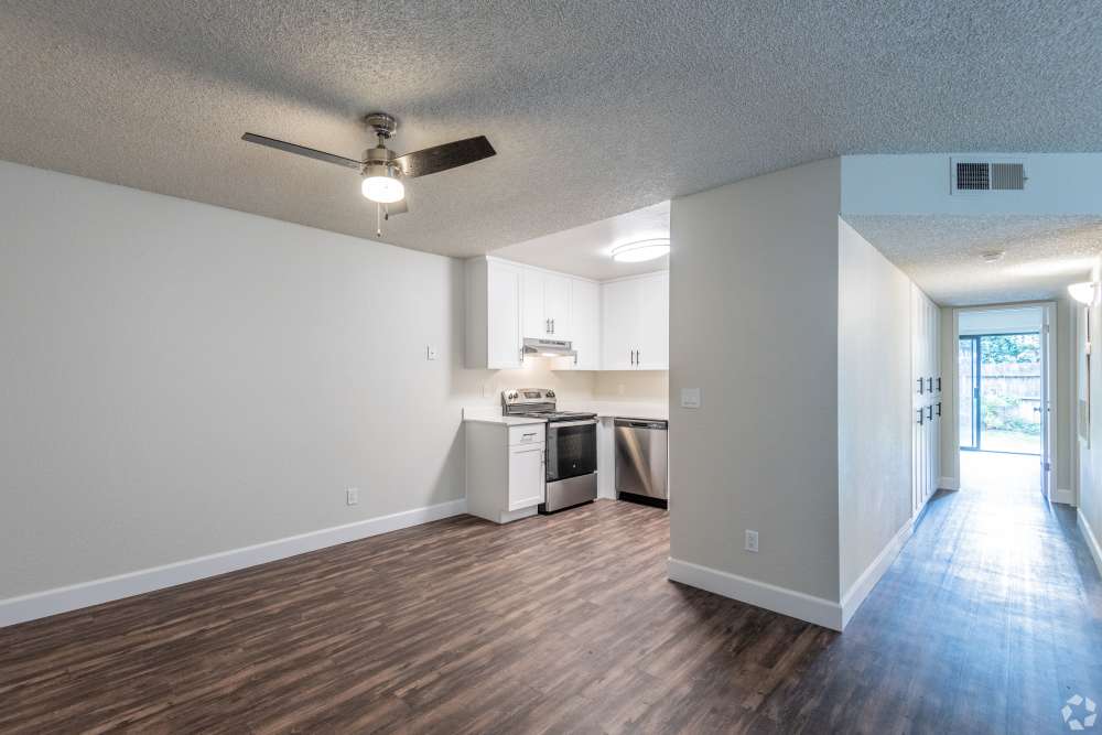 Spacious living room and kitchen at Ashford Park in Sacramento, California