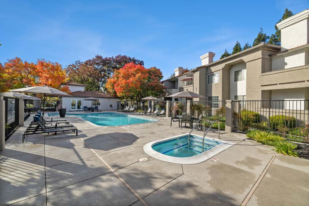 Swimming pool with poolside seating at Terra at Portola Park in Livermore, California