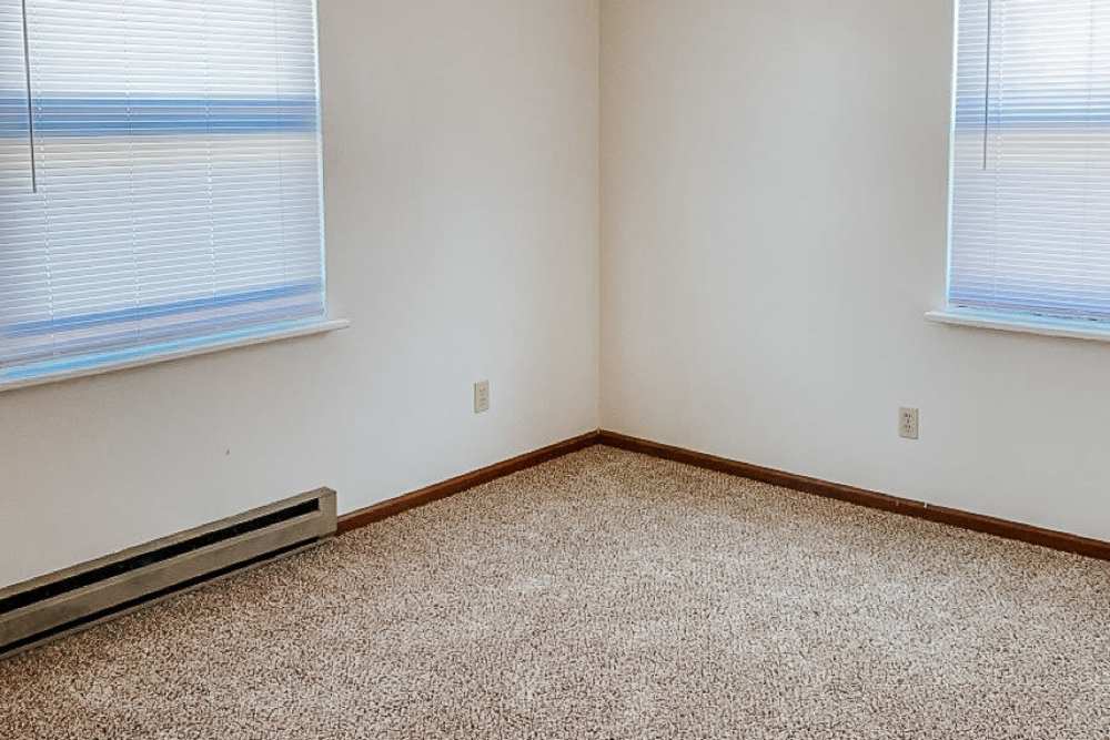 Spacious living room with plush carpeting at Riverside Villas in Columbia City, Indiana