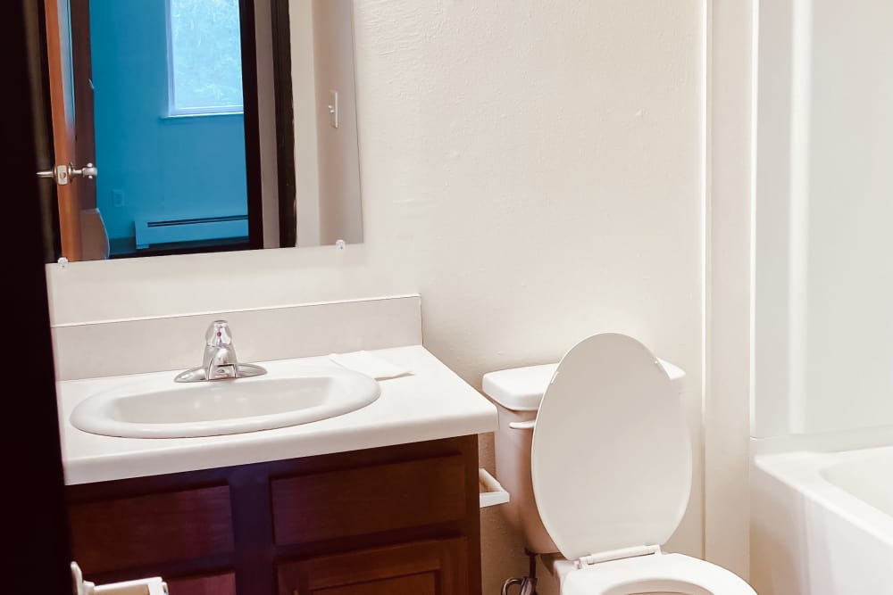 Bathroom with mirror at Maple Heights Apartments in Saline, Michigan