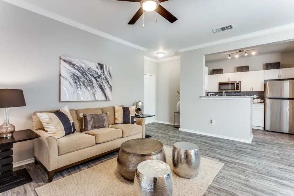 Apartment living room at Oakville Apartments in Austin, Texas
