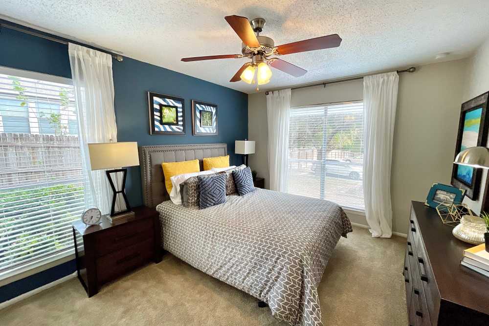 Remodeled bedroom at The Abbey at Medical Center in San Antonio, Texas