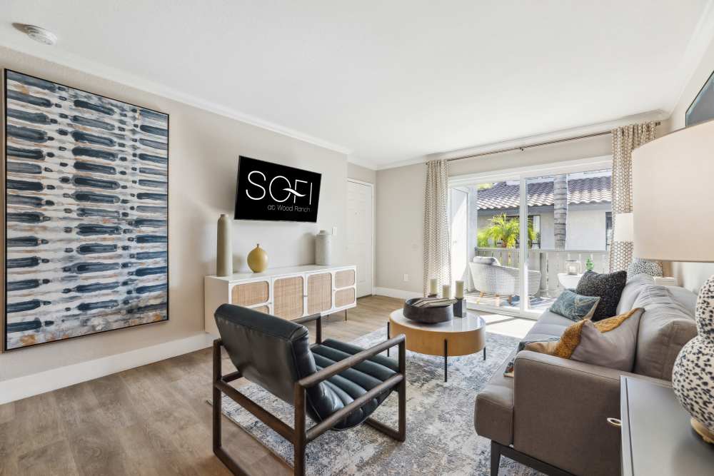 Living Room With Balcony at Sofi at Wood Ranch in Simi Valley, California