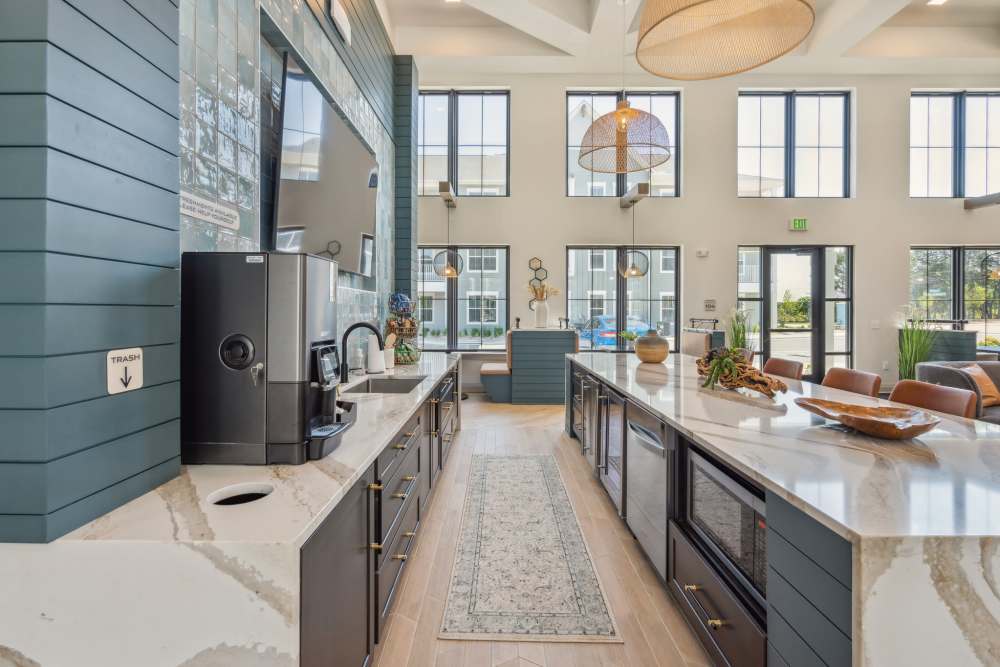 Communal kitchen and coffee bar at Taylor Farms in Charlotte, North Carolina