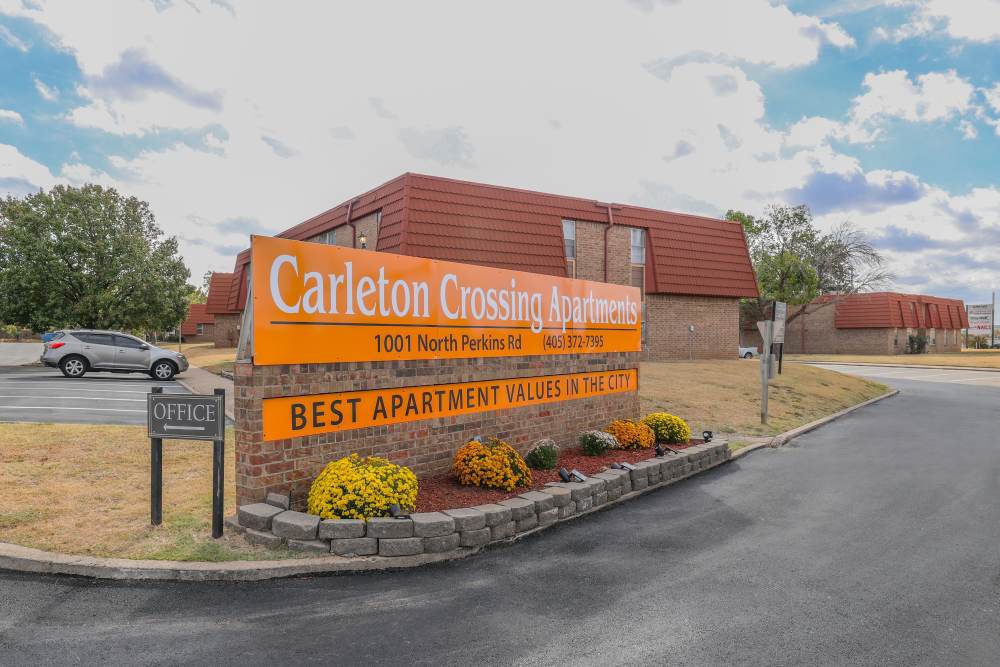 Entrance sign at Carleton Crossing in Stillwater, Oklahoma