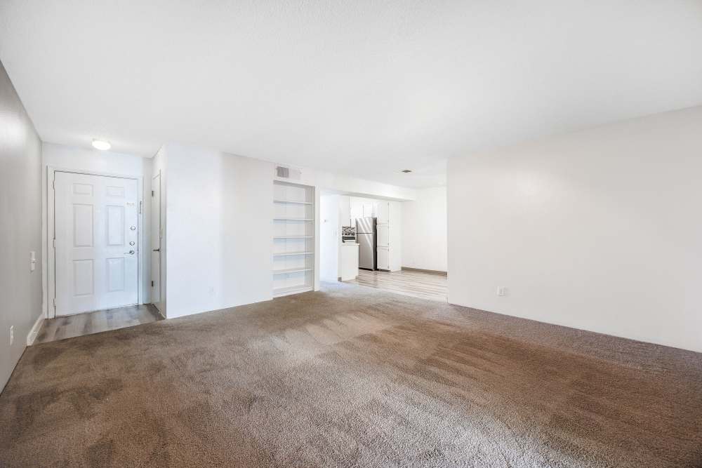 Spacious living room with large windows, comfortable sofas, and a coffee table