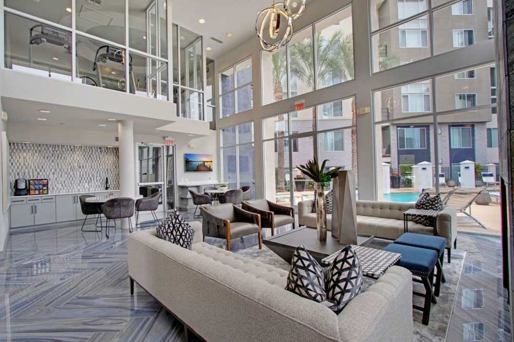 Clubhouse seating space with view to pool at Ninety Degrees in Phoenix, Arizona