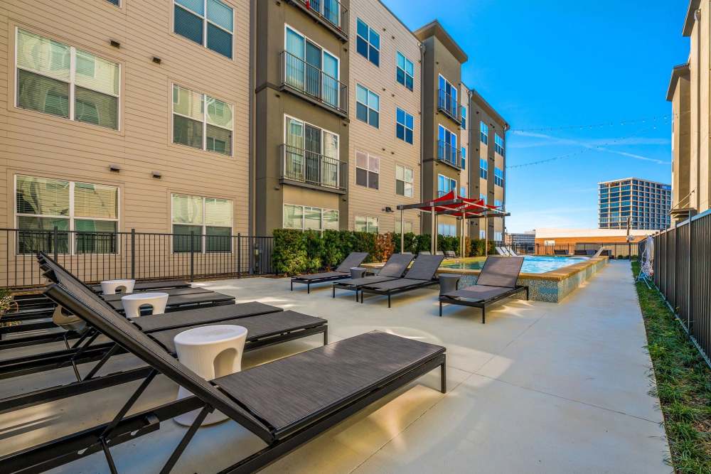 tanning chairs outside at Belclaire in Dallas, Texas
