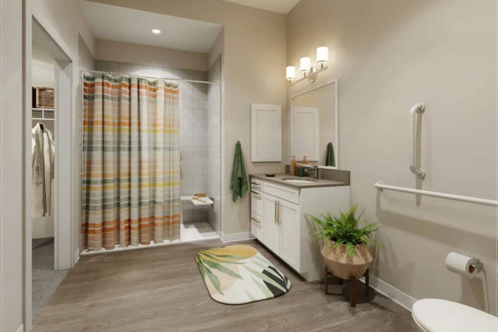 Bright bathroom with pendant lights at Clearwater at The Arboretum in Austin, Texas,
