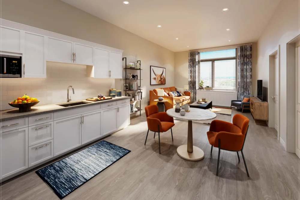 View of living room from kitchen at Clearwater at The Arboretum in Austin, Texas,