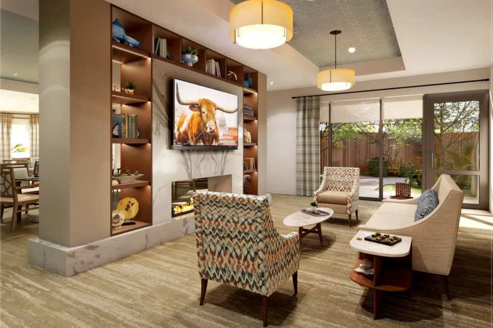 Seating area with large windows at Clearwater at The Arboretum in Austin, Texas,