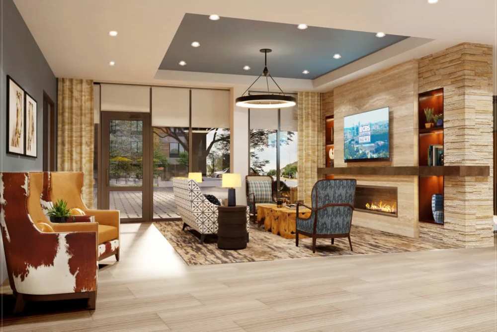 Community club house with fireplace at Clearwater at The Arboretum in Austin, Texas,