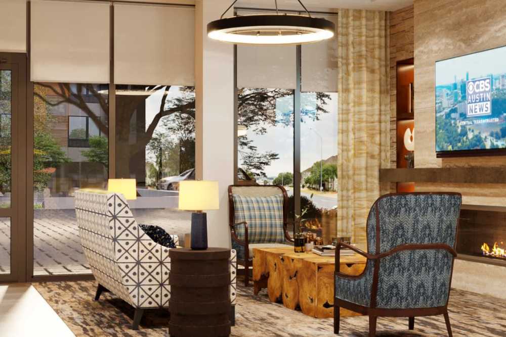 Clubhouse with ambient lighting at Clearwater at The Arboretum in Austin, Texas,