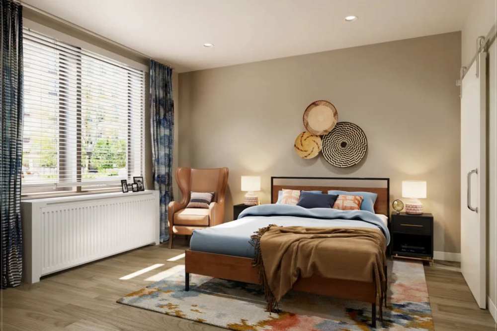 Well-lit bedroom at Clearwater at The Arboretum in Austin, Texas