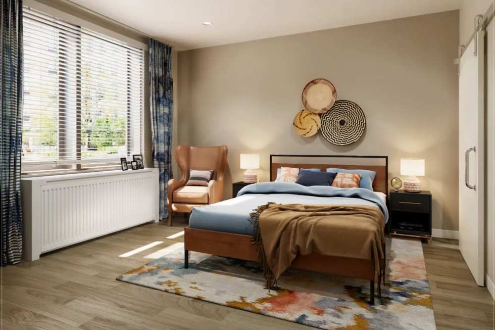 Bright bedroom with large windows at Clearwater at The Arboretum in Austin, Texas,